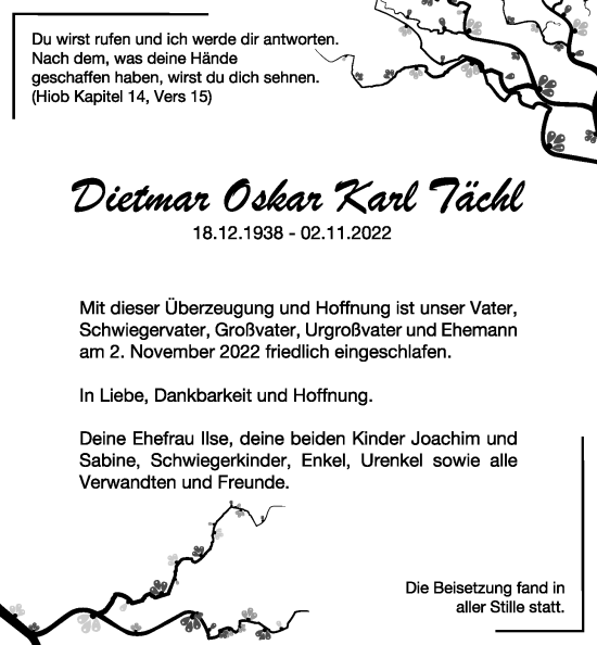 Traueranzeige von Dietmar Oskar Karl Tächl von Giessener Anzeiger