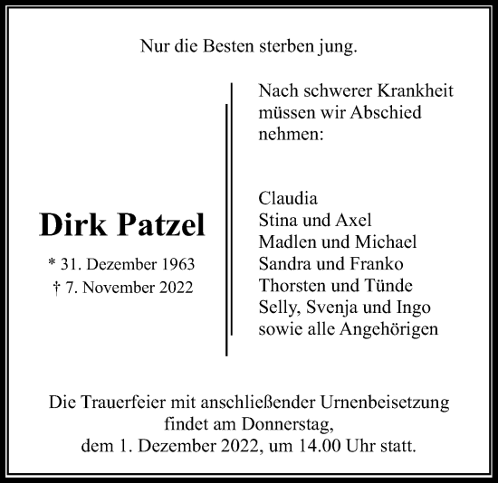 Traueranzeige von Dirk Patzel von Wetterauer Zeitung