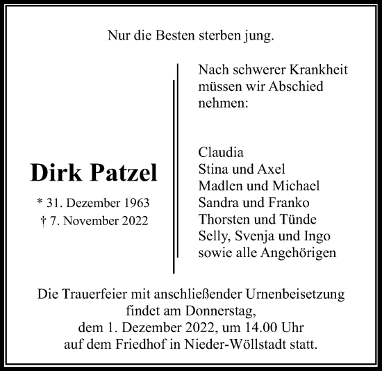 Traueranzeige von Dirk Patzel von Wetterauer Zeitung