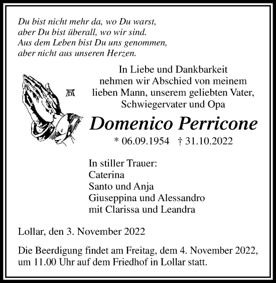 Traueranzeige von Domenico Perricone von Giessener Allgemeine, Alsfelder Allgemeine