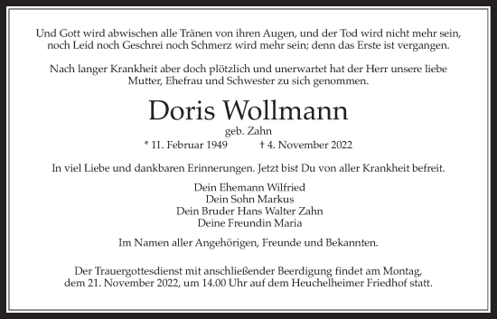 Traueranzeige von Doris Wollmann von Giessener Allgemeine, Alsfelder Allgemeine, Giessener Anzeiger