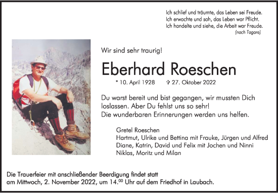 Traueranzeige von Eberhard Roeschen von Giessener Allgemeine, Alsfelder Allgemeine, Giessener Anzeiger, Laubacher Anzeiger