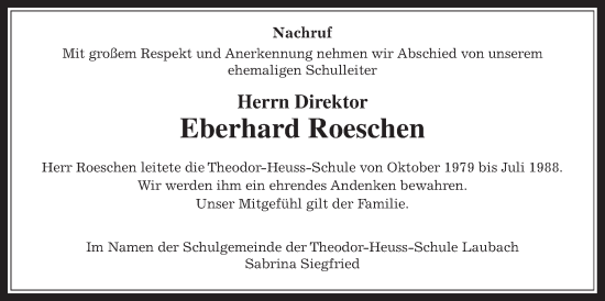 Traueranzeige von Eberhard Roeschen von Laubacher Anzeiger