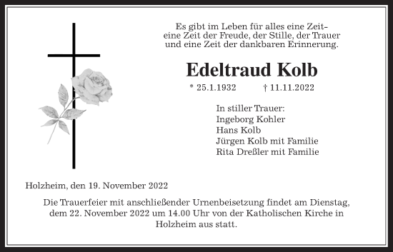 Traueranzeige von Edeltraud Kolb von Giessener Allgemeine, Alsfelder Allgemeine