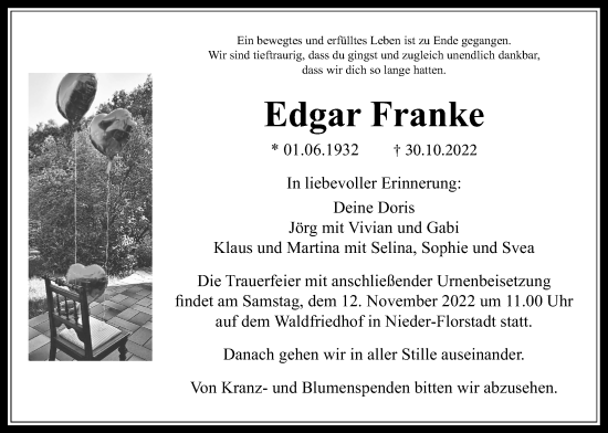 Traueranzeige von Edgar Franke von Wetterauer Zeitung