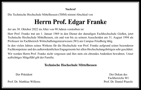 Traueranzeige von Edgar Franke von Wetterauer Zeitung