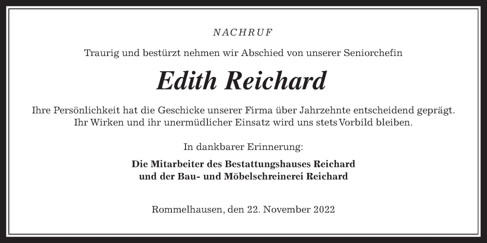  Traueranzeige für Edith Reichard vom 22.11.2022 aus Kreis-Anzeiger