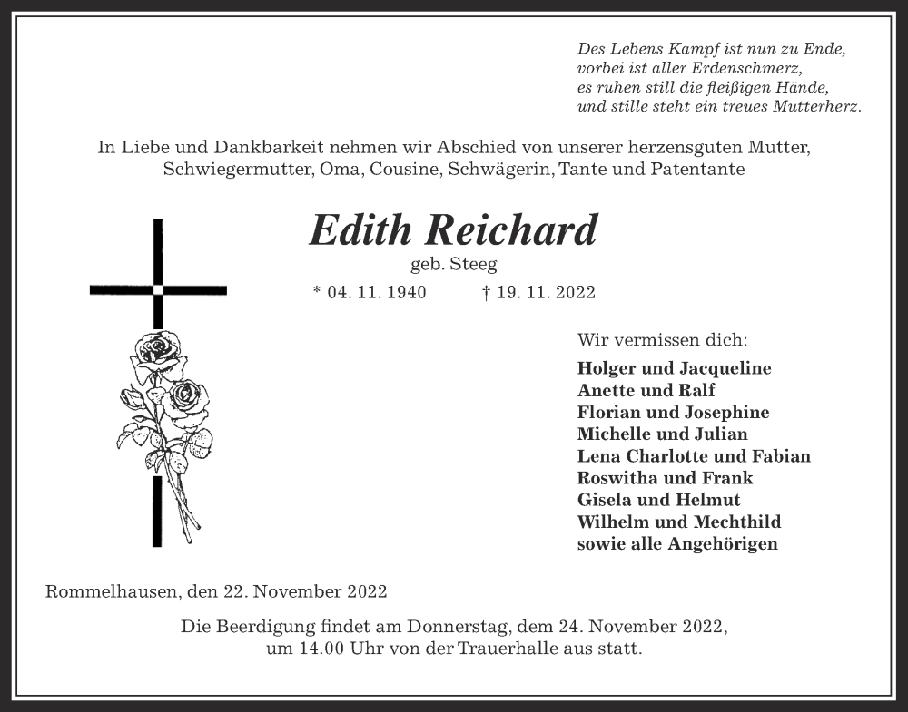  Traueranzeige für Edith Reichard vom 22.11.2022 aus Kreis-Anzeiger