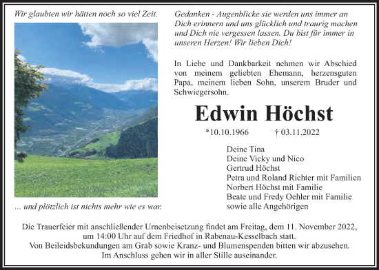 Traueranzeige von Edwin Höchst von Giessener Allgemeine, Alsfelder Allgemeine, Giessener Anzeiger