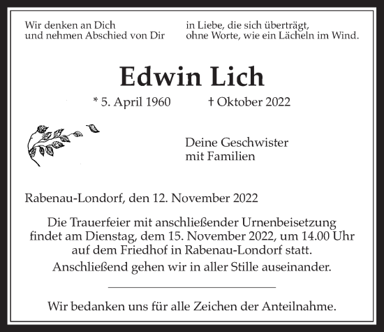 Traueranzeige von Edwin Lich von Giessener Allgemeine, Alsfelder Allgemeine