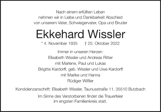 Traueranzeige von Ekkehard Wissler von Giessener Anzeiger