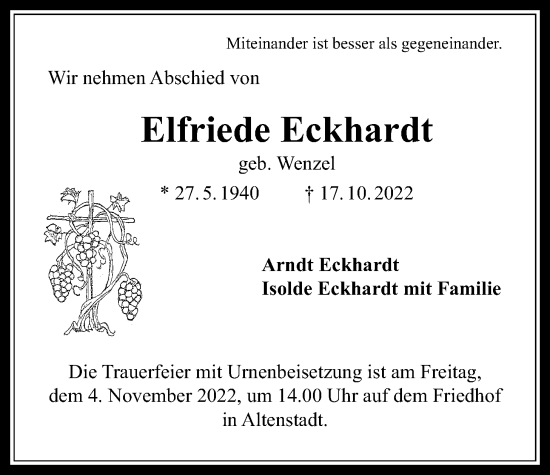 Traueranzeige von Elfriede Eckhardt von Kreis-Anzeiger