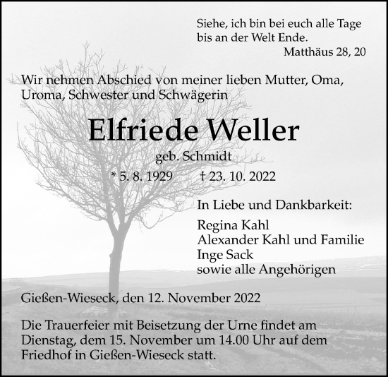 Traueranzeige von Elfriede Weller von Giessener Allgemeine, Alsfelder Allgemeine, Giessener Anzeiger