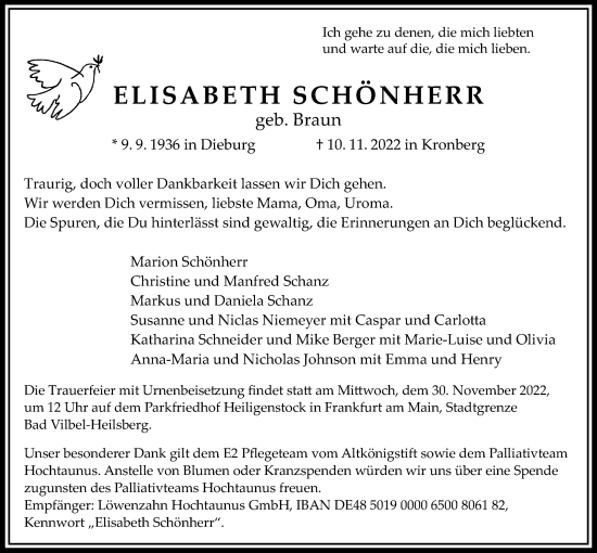 Traueranzeige von Elisabeth Schönherr von Bad Vilbel/Karben