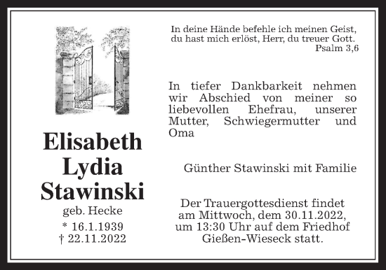 Traueranzeige von Elisabeth Lydia Stawinski von Giessener Allgemeine, Alsfelder Allgemeine