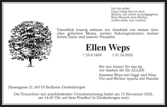 Traueranzeige von Ellen Weps 