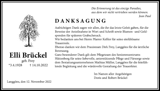 Traueranzeige von Elli Brückel von Giessener Allgemeine, Alsfelder Allgemeine, Giessener Anzeiger