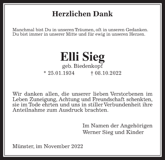 Traueranzeige von Elli Sieg von Laubacher Anzeiger, Giessener Allgemeine, Alsfelder Allgemeine