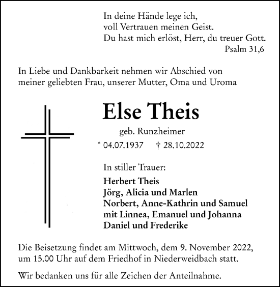 Traueranzeige von Else Theis von Giessener Allgemeine, Alsfelder Allgemeine