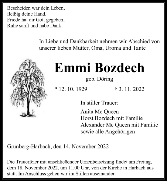 Traueranzeige von Emmi Bozdech von Giessener Allgemeine, Alsfelder Allgemeine