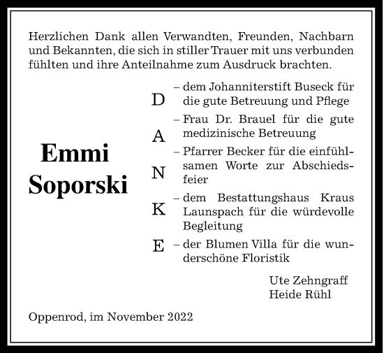 Traueranzeige von Emmi Soporski von Giessener Allgemeine, Alsfelder Allgemeine, Giessener Anzeiger