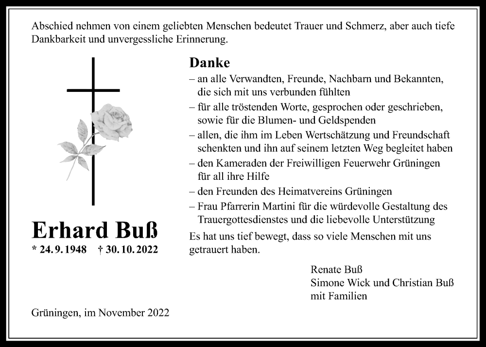  Traueranzeige für Erhard Buß vom 24.11.2022 aus Pohlheimer Nachrichten
