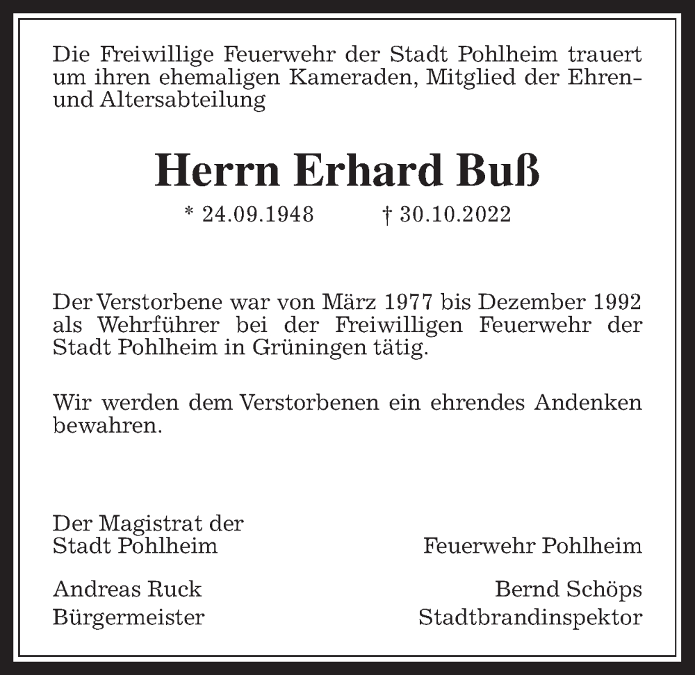 Traueranzeige für Erhard Buß vom 17.11.2022 aus Pohlheimer Nachrichten