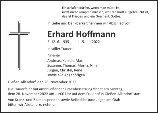 Traueranzeige von Erhard Hoffmann von Giessener Allgemeine, Alsfelder Allgemeine