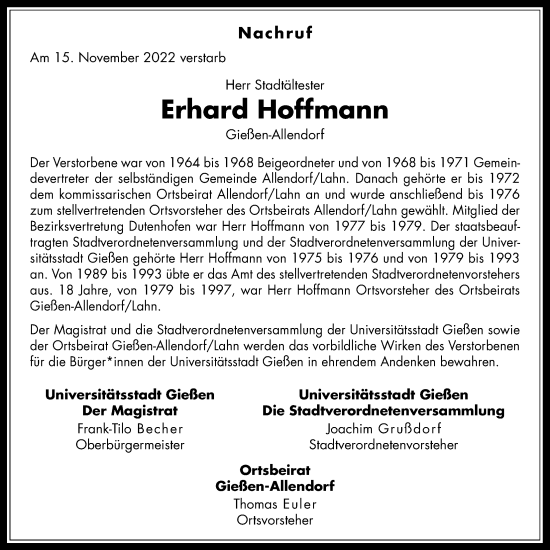 Traueranzeige von Erhard Hoffmann von Giessener Anzeiger, Giessener Allgemeine, Alsfelder Allgemeine
