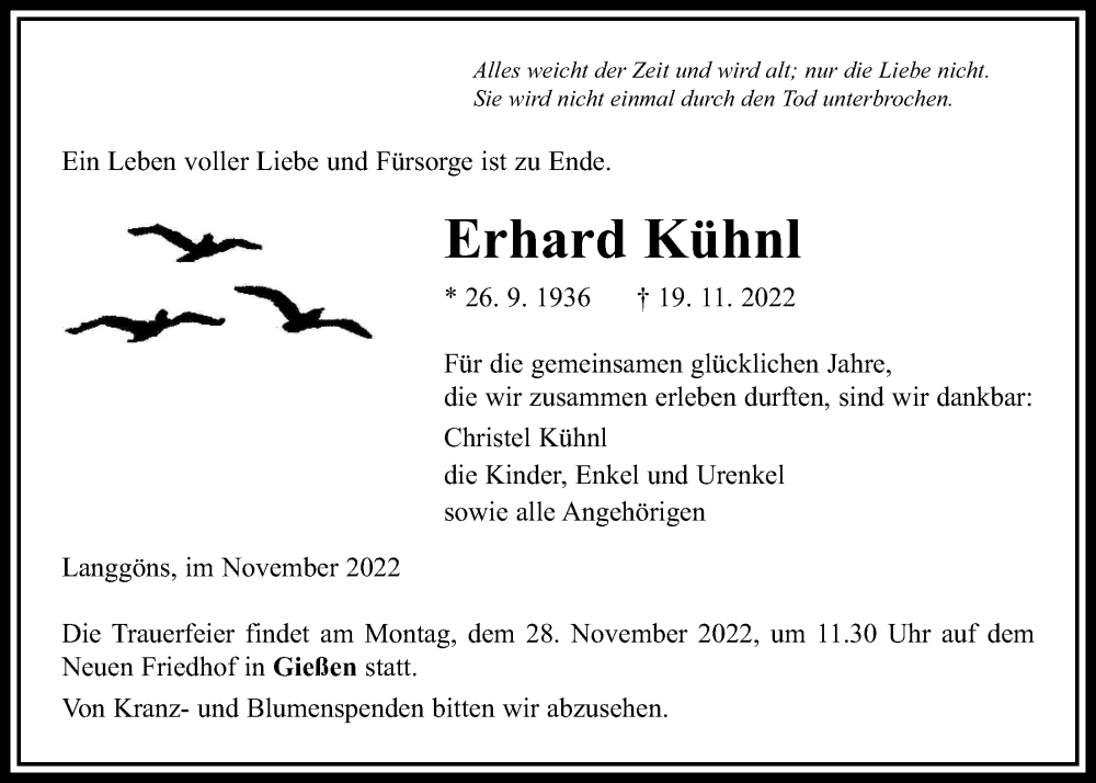  Traueranzeige für Erhard Kühnl vom 24.11.2022 aus Giessener Allgemeine, Alsfelder Allgemeine, Giessener Anzeiger