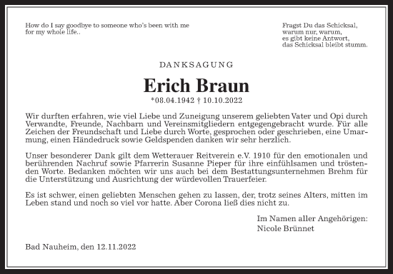 Traueranzeige von Erich Braun von Wetterauer Zeitung
