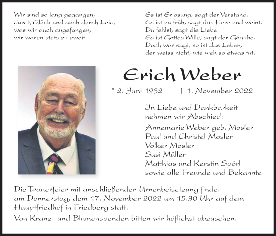 Traueranzeige von Erich Weber von Wetterauer Zeitung