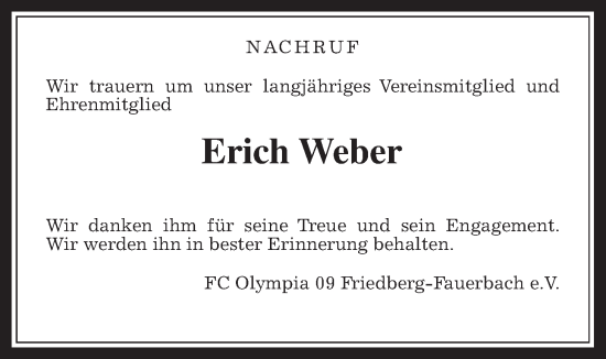 Traueranzeige von Erich Weber von Wetterauer Zeitung