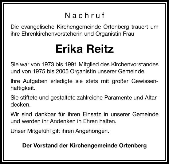 Traueranzeige von Erika Reitz von Kreis-Anzeiger