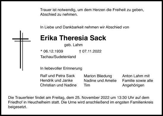 Traueranzeige von Erika Theresia Sack von Giessener Anzeiger
