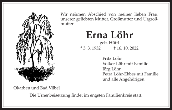 Traueranzeige von Erna Löhr von Bad Vilbel/Karben