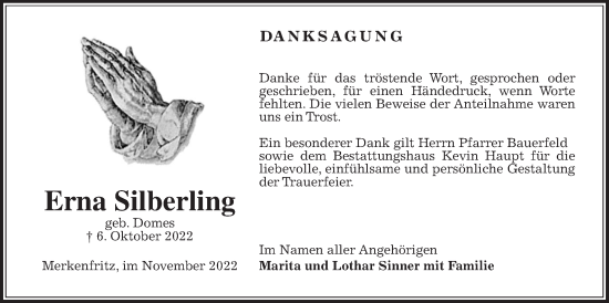 Traueranzeige von Erna Silberling von Kreis-Anzeiger