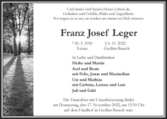 Traueranzeige von Franz Josef Leger von Giessener Allgemeine, Alsfelder Allgemeine, Giessener Anzeiger