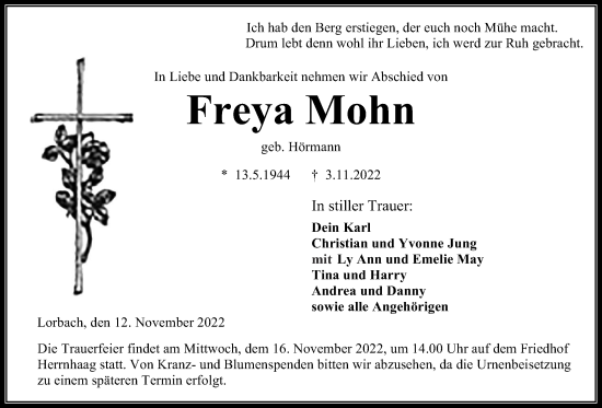 Traueranzeige von Freya Mohn von Kreis-Anzeiger