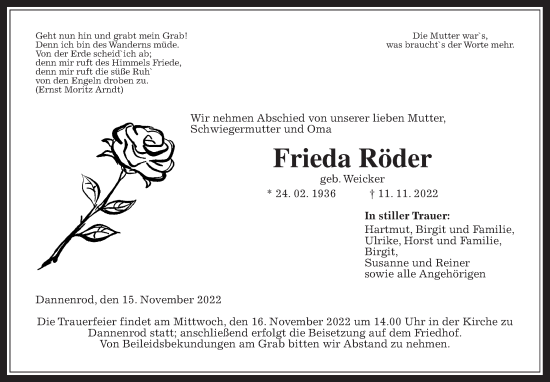 Traueranzeige von Frieda Röder von Alsfelder Allgemeine