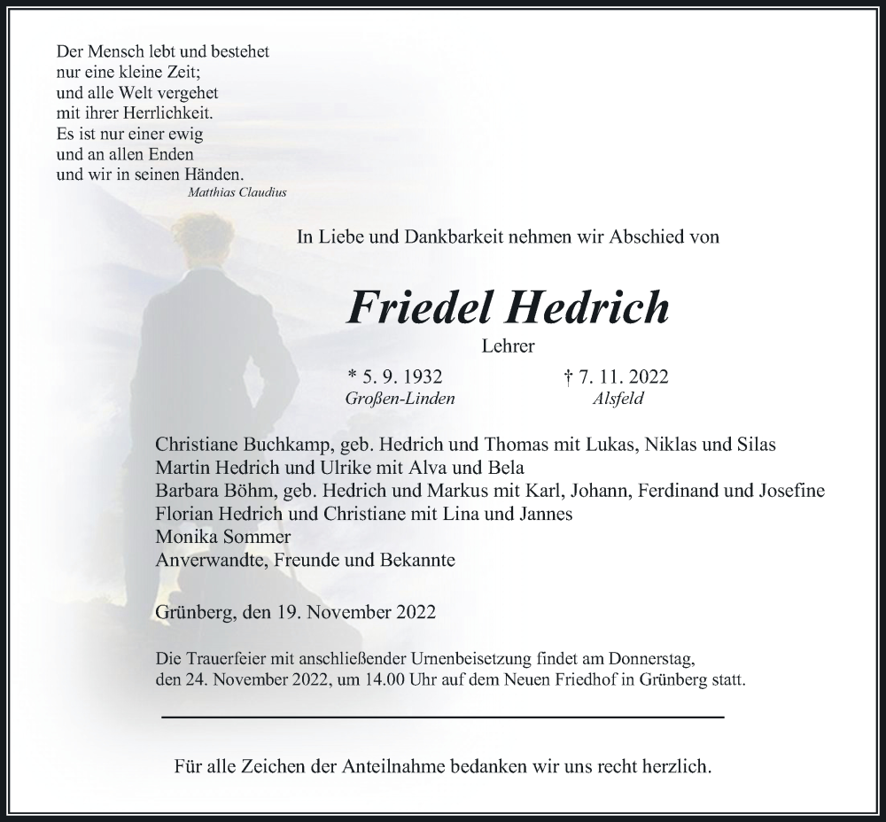  Traueranzeige für Friedel Hedrich vom 19.11.2022 aus Giessener Anzeiger, Giessener Allgemeine, Alsfelder Allgemeine