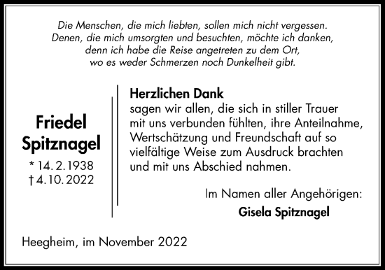 Traueranzeige von Friedel Spitznagel von Kreis-Anzeiger