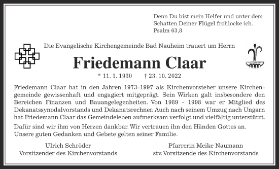 Traueranzeige von Friedemann Claar von Wetterauer Zeitung