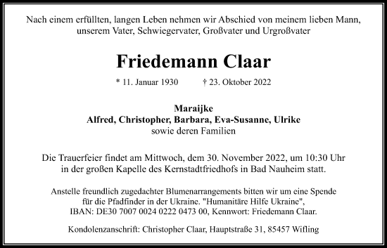 Traueranzeige von Friedemann Claar von Wetterauer Zeitung