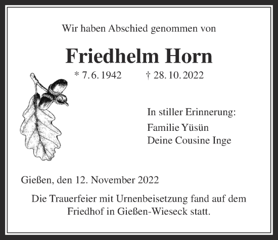 Traueranzeige von Friedhelm Horn von Giessener Anzeiger