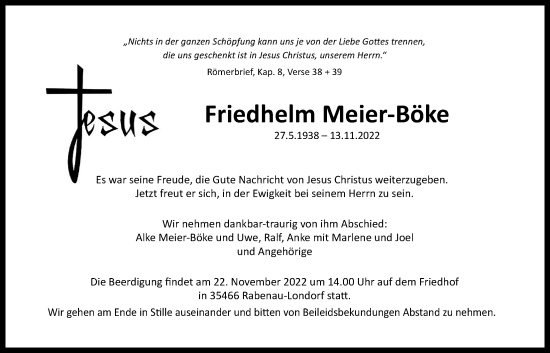 Traueranzeige von Friedhelm Meier-Böke von Giessener Allgemeine, Alsfelder Allgemeine