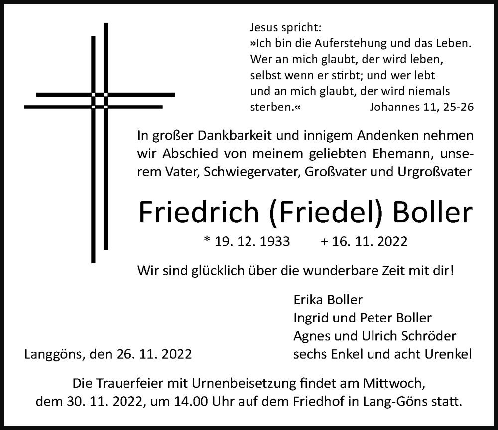  Traueranzeige für Friedrich Boller vom 26.11.2022 aus Giessener Anzeiger, Giessener Allgemeine, Alsfelder Allgemeine