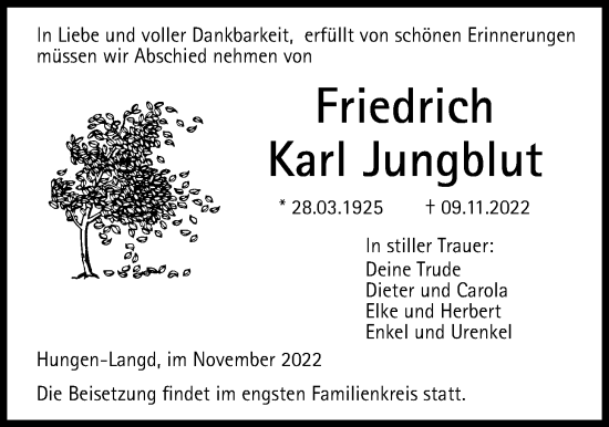 Traueranzeige von Friedrich Karl Jungblut von Licher Wochenblatt