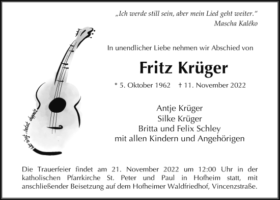 Traueranzeige von Fritz Krüger 