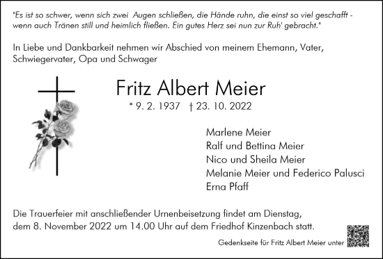 Traueranzeige von Fritz Albert Meier von Giessener Anzeiger